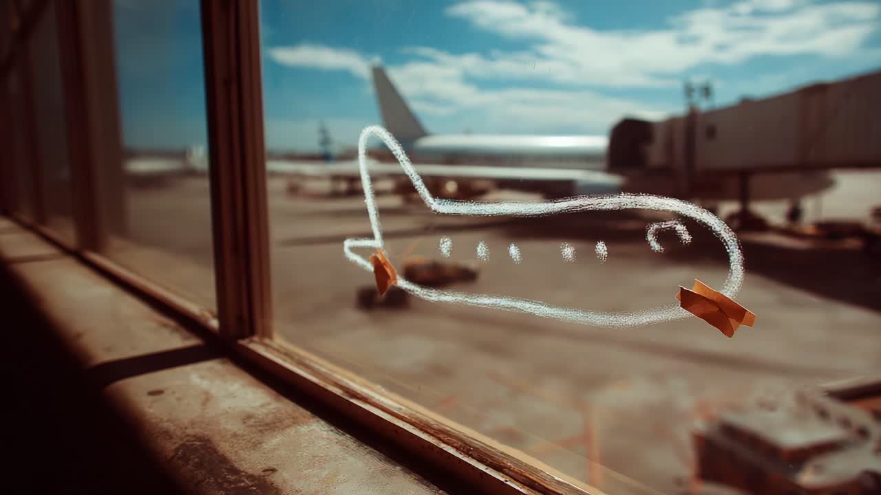 A Creative Reflection of Aviation: A Window with Airplane Drawing Captures the Essence of Travel and Adventure Amidst a Busy Airport Runway