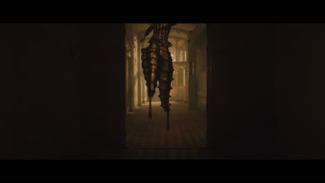a strange clown on stilts in a dark corridor at night