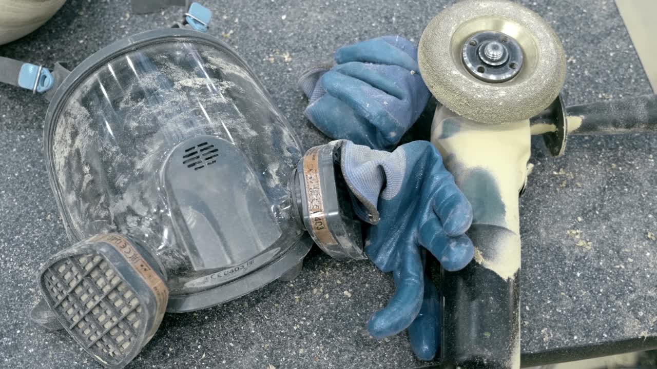 공기 필터, 파란 장갑 및 밀러와 함께 보호 얼굴 마스크