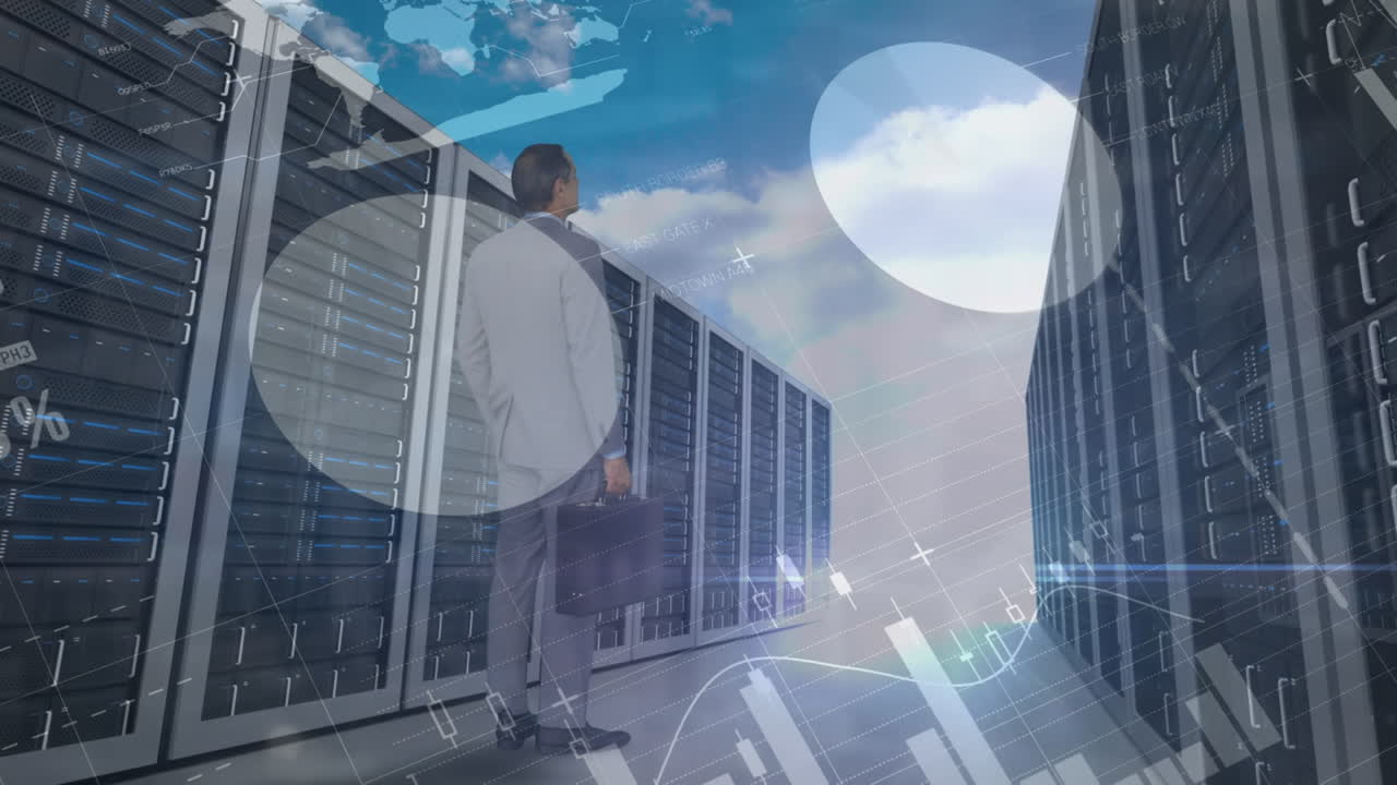 Elaborazione dati statistici su uomo d'affari tra server computer su sfondo di nuvole nel cielo blu