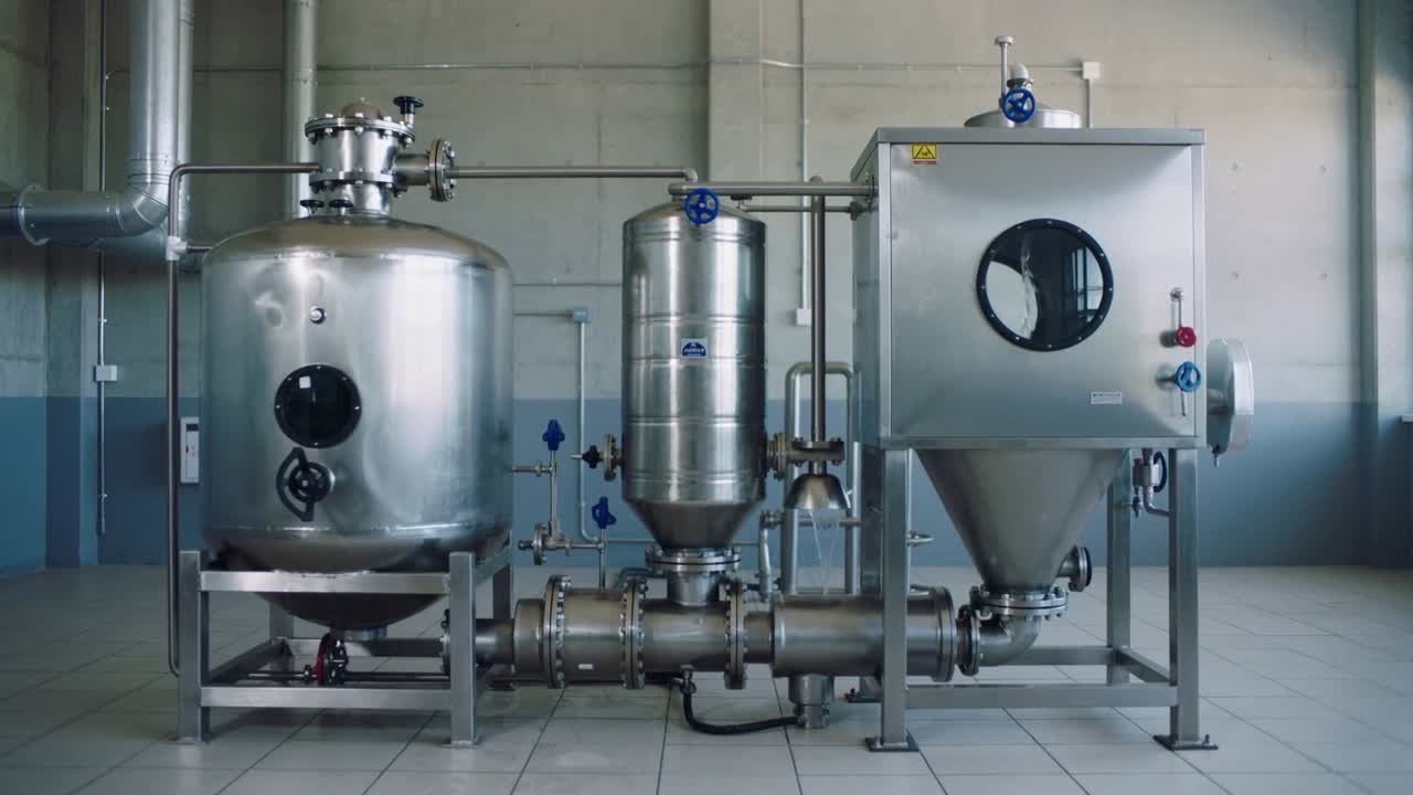 Panning camera revealing stainless-steel assembly in plant room for inspection of valve handles