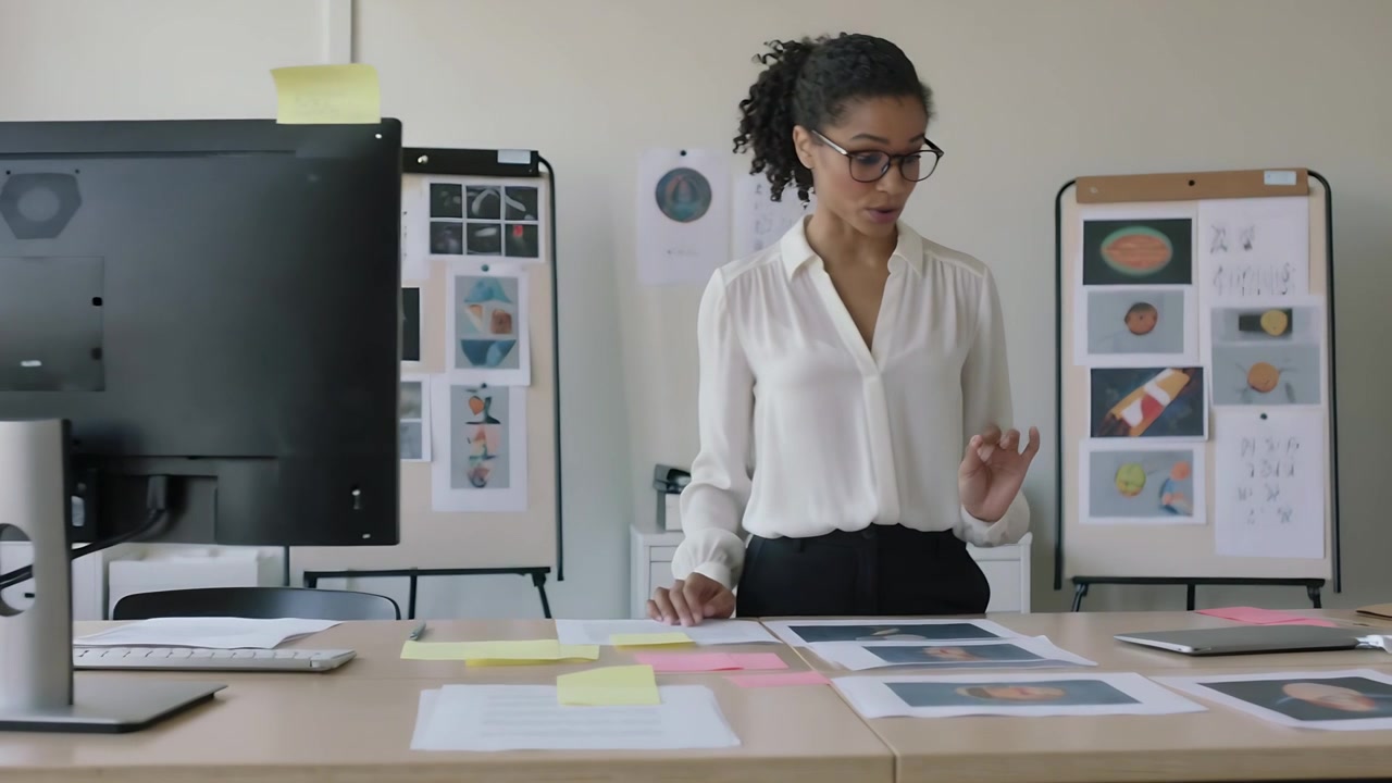Glancing at layouts, woman in white top arranging layouts for review in studio, monitor, copy space