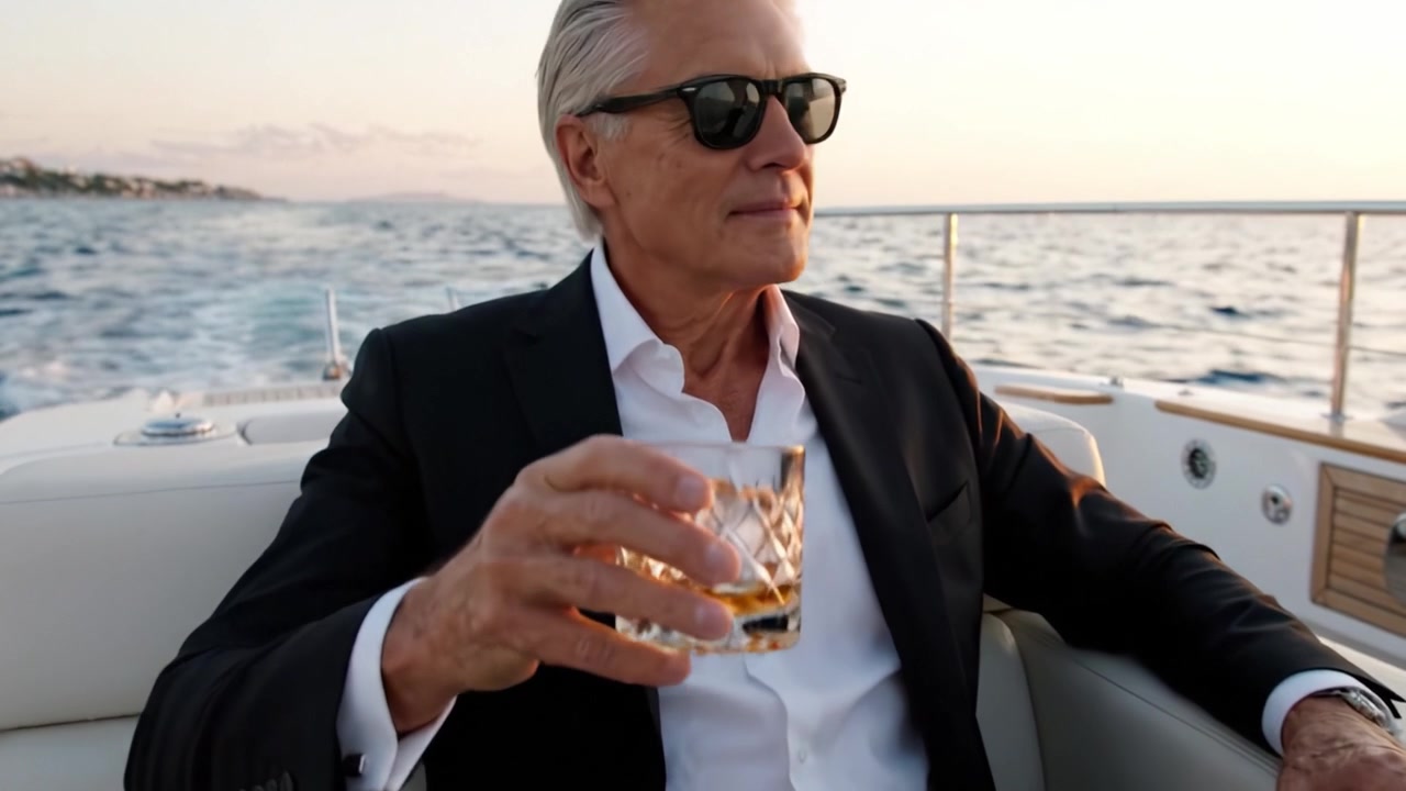 Relax Sofisticato su uno Yacht: Un Distinto Gentiluomo si Gode il suo Drink Mentre si Immerge nelle Viste Panoramiche delle Acque Aperte Durante l'Ora d'Oro