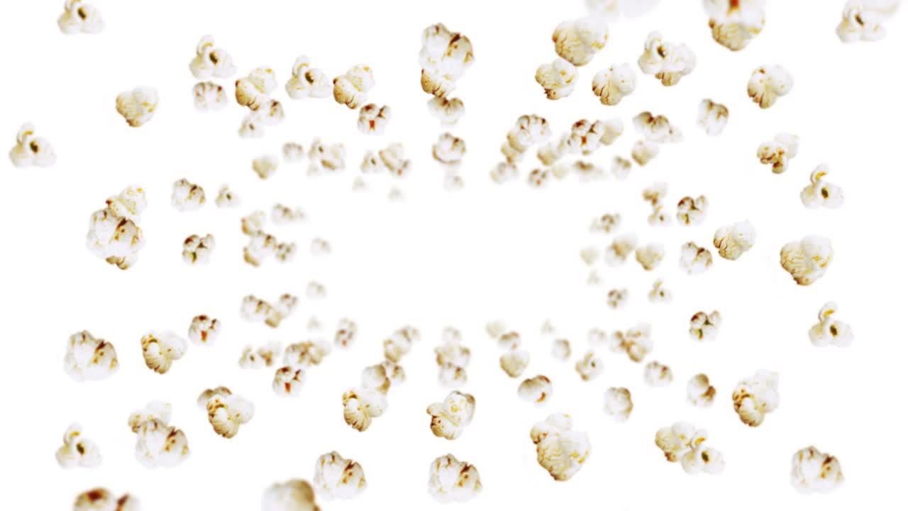 Flying many popcorns on white background. White salty popcorn. Healthy food. Corn seed. 3D loop animation of popcorn rotating.