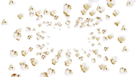 flying many popcorns on white background. white salty popcorn. healthy food. corn seed. 3d loop animation of popcorn rotating.