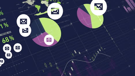 email notifications animation over financial data charts and graphs