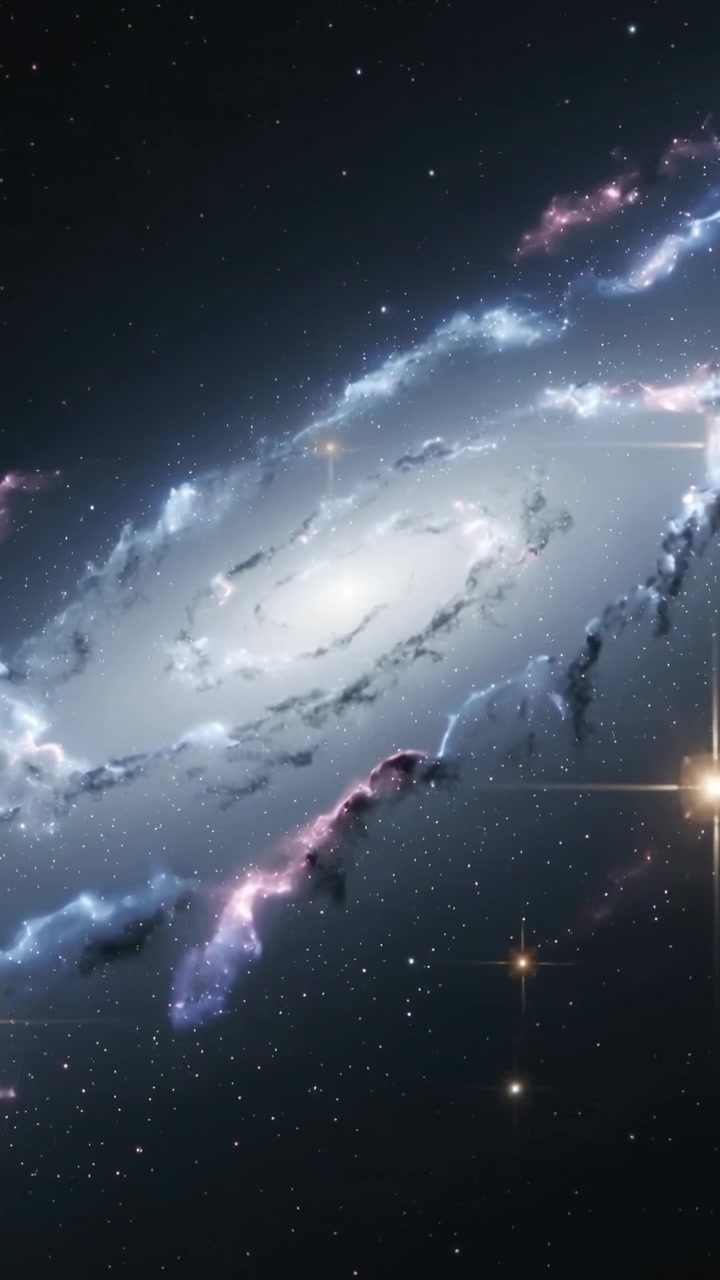 Video vertikal: Kamera menggeser, galaksi spiral pusat perlahan berputar di luar angkasa dalam, menunjukkan nebula