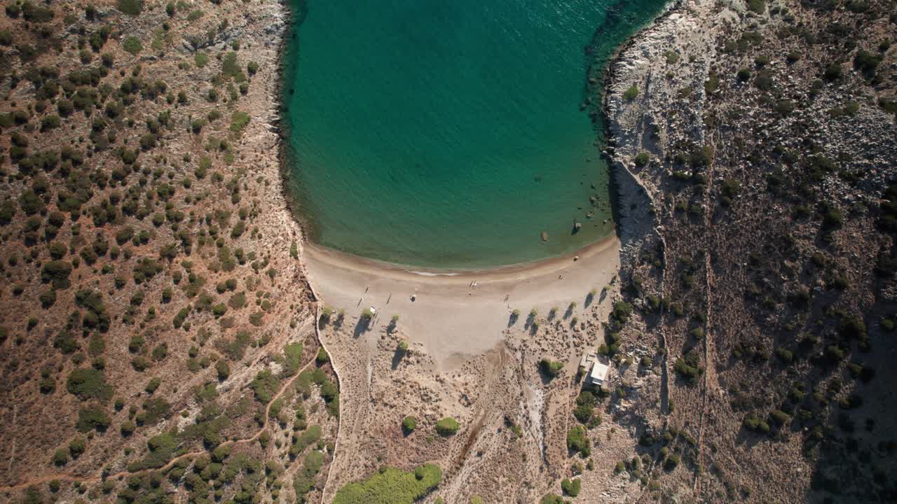 Varvarousa peaceful cove in syros greece coastal island getaway, Aerial top down bird's eye view