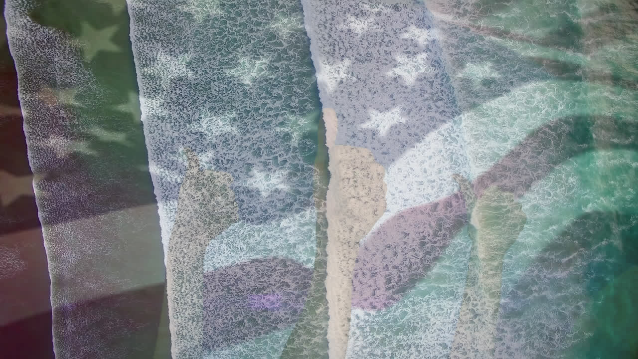 미국 국기가 해변 풍경 위에서 오케이 제스처로 손을 휘두르는 애니메이션