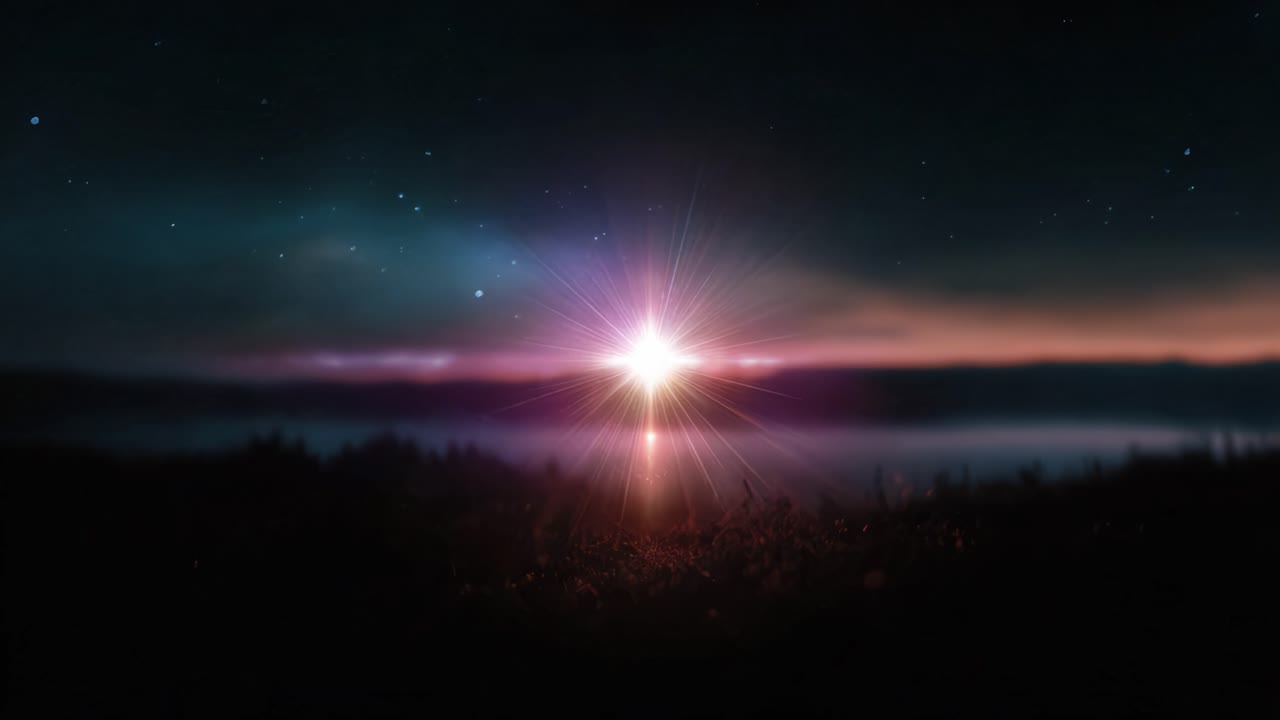 Stunning Celestial Transition: A Beautiful Starburst Illuminates the Night Sky Over a Serene Landscape with Reflected Colors in Water and Vibrant Atmosphere