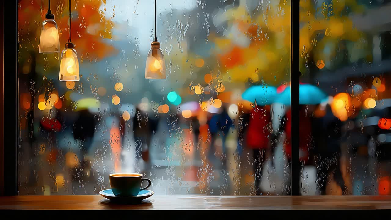 A Charming Coffee Moment Captured Through a Rainy Window, Where Cozy Sips Meet Vibrant Streets, Complete with Glowing Lights and a Colorful Crowd Increasing the Ambiance