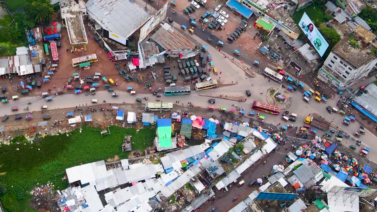 Aerial view of Bangladesh road transport with bus depot transit area in Barisal