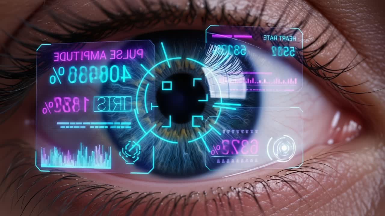 Exploring Futuristic Eye Technology: A Close-Up View of an Eye Integrated with Advanced Augmented Reality Displays Monitoring Vital Metrics Like Heart Rate and Pulse Amplitude