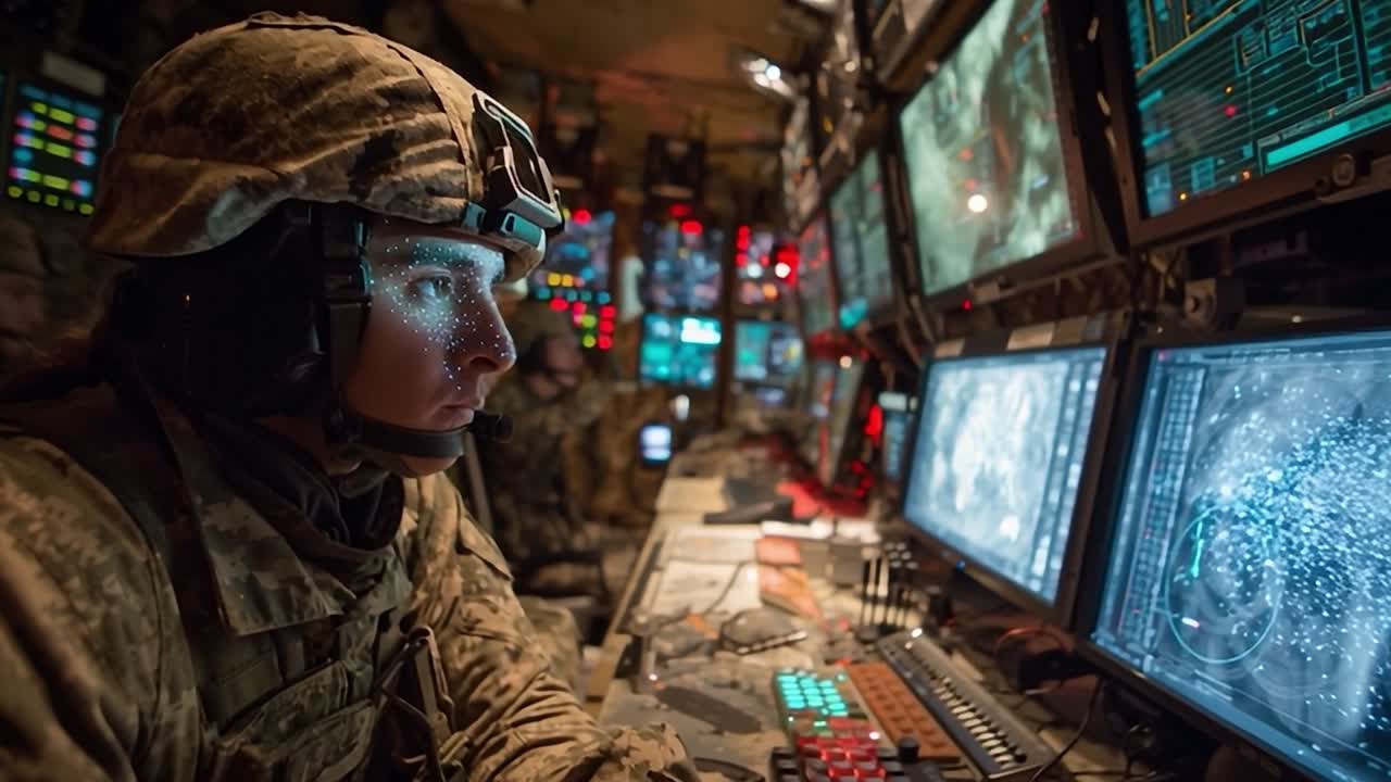 Military personnel analyzing data in a high-tech operations center