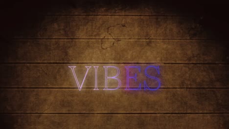 animation of vibes text in pink and blue neon,on wooden decking boards