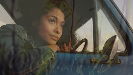 Animation-of-happy-african-american-woman-relaxing-in-car-over-grass