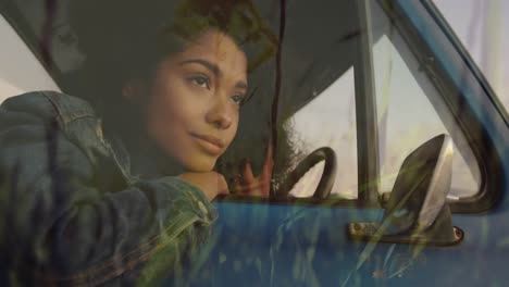 animación de una feliz mujer afroamericana relajándose en el coche sobre la hierba