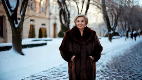 mujer senior elegante en abrigo de piel en una calle nevada de la ciudad