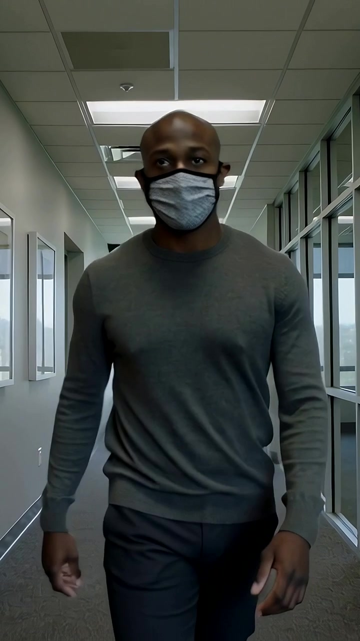 Vertical video: Approaching camera man adjusting mask for fit in office corridor, in gray sweater