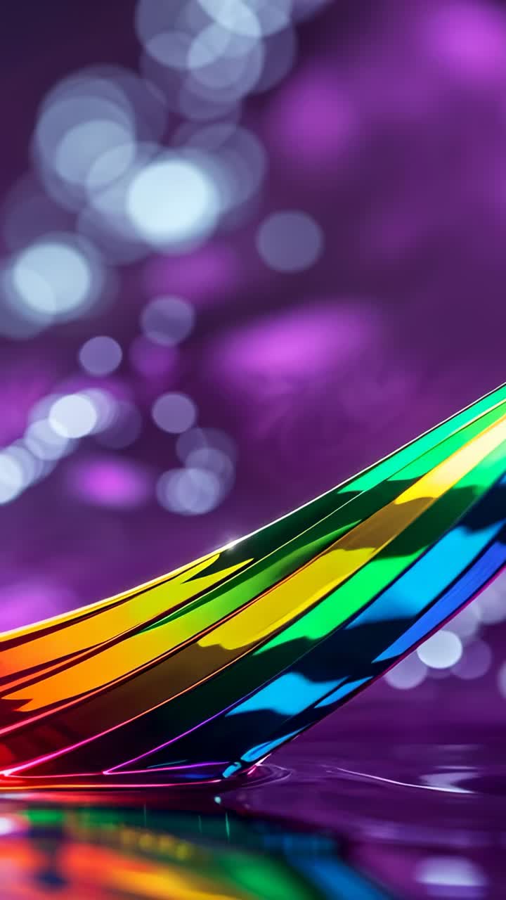 Vertical video: Appearing gradient ribbon gliding over wet plane against purple bokeh, shiny hues