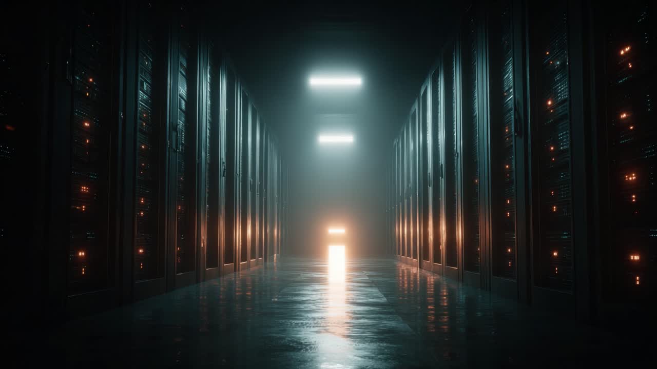 En futuristisk datacenterkorridor oplyst af blødt lys, der fremhæver rækker af serverrack i et højteknologisk miljø, hvilket fremkalder en følelse af mystik og avanceret teknologi
