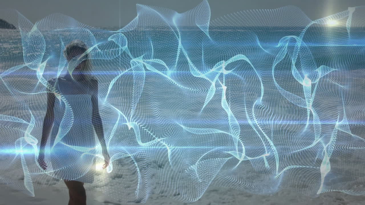 Person walking on beach with abstract blue wave animation overlay