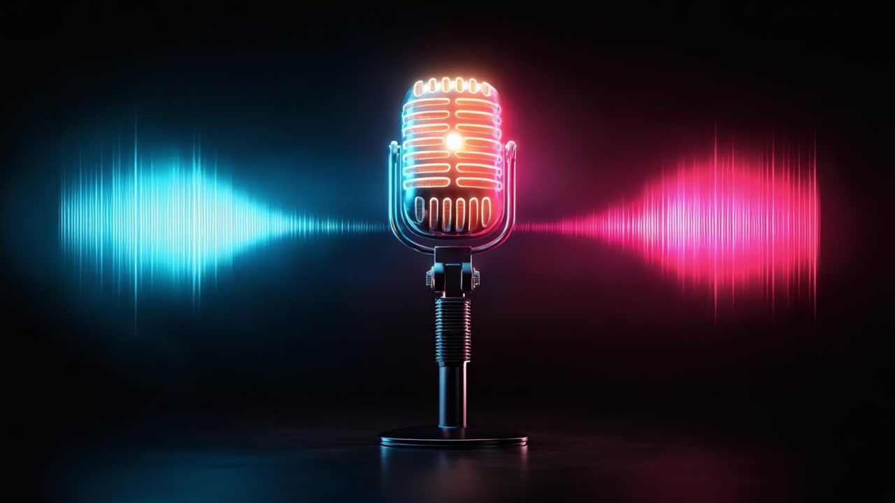 Vivace microfono retrò circondato da onde sonore colorate, che cattura l'essenza della musica e dell'audio in una splendida presentazione visiva.