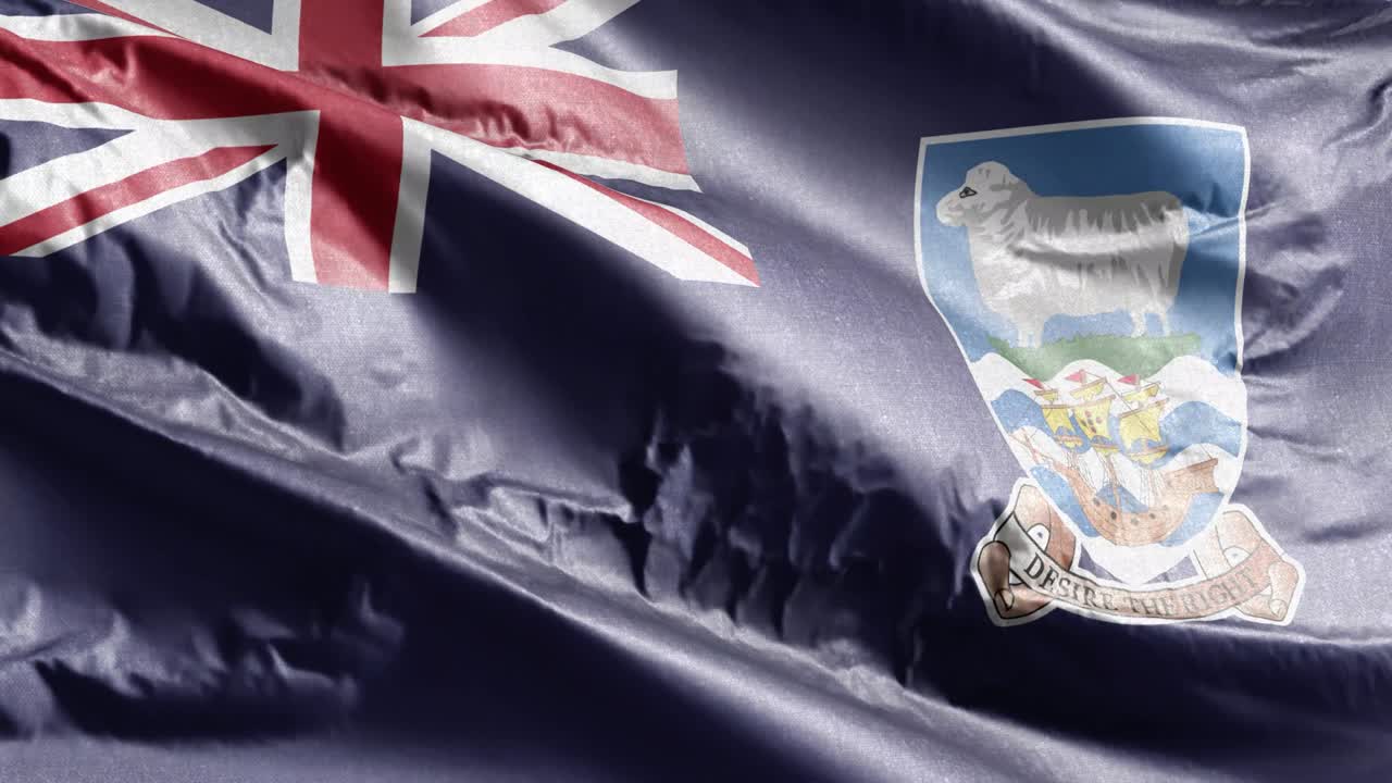 la bandera textil de las islas falkland ondeando en el bucle del viento. la bandera de las islas falkland balanceándose en la brisa. el tejido textil de la tela. el fondo de relleno completo. bucle de 10 segundos.