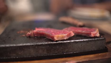 friends eating at restaurant celebrating birthday in dinning room, toasts, cheers and preparing their own meat at hot stone