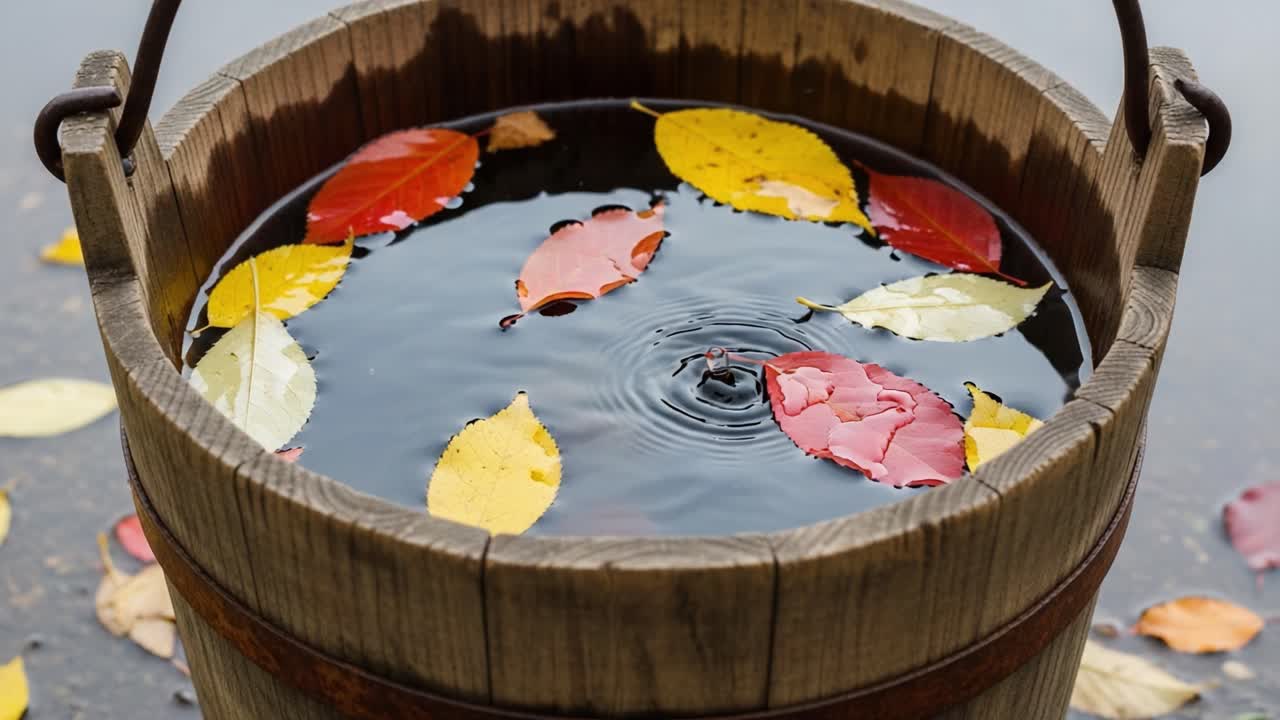 A Tranquil Scene Featuring a Rustic Wooden Bucket Filled with Water and Colorful Autumn Leaves, Capturing the Beauty of Seasonal Change and Nature's Serenity