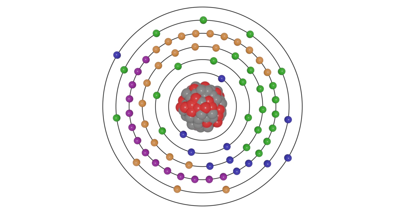 3D animation of Tantalum atom showing shells, subshells, electron orbits, and nucleus with protons and neutrons, illustrating atomic structure and energy levels for STEM education visuals in chemistry