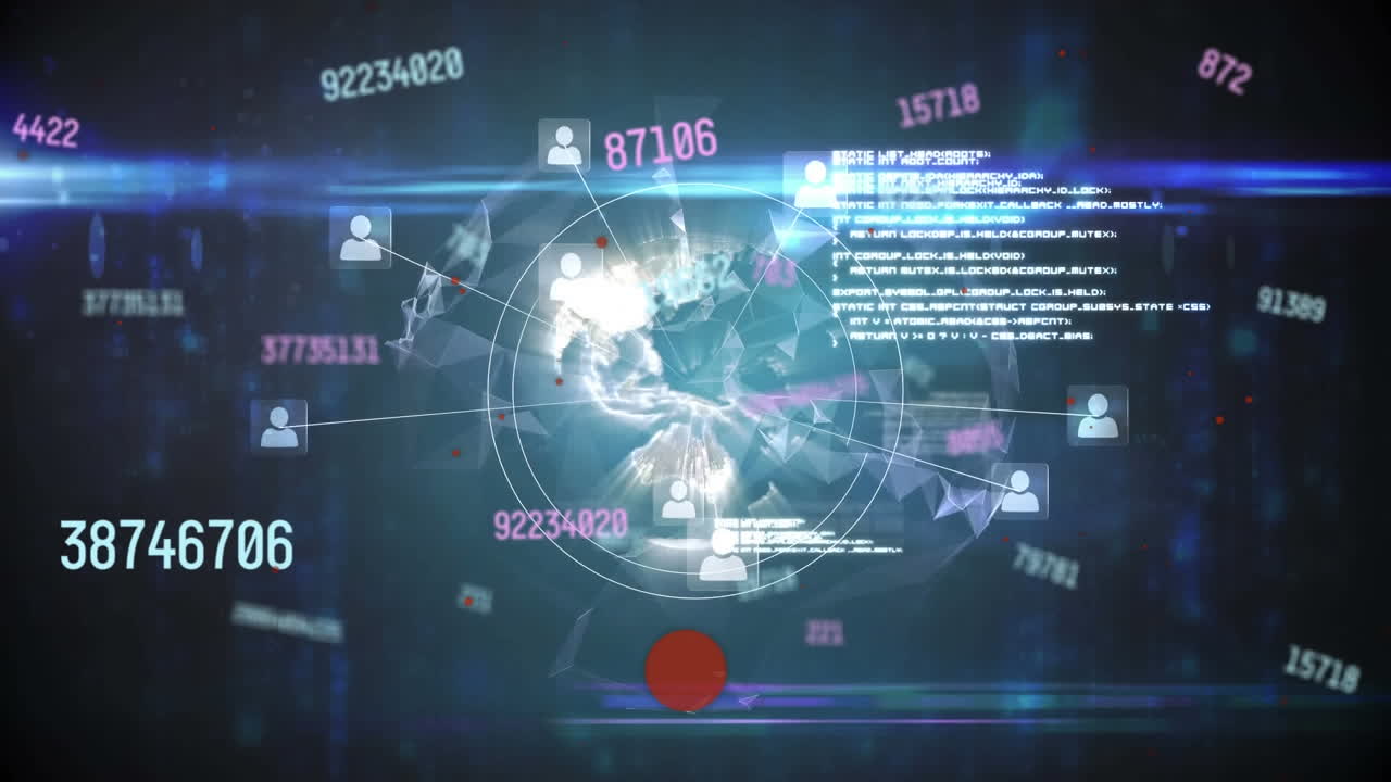 검은색 배경에 빛나는 글로벌 네트워크와 데이터 처리 애니메이션