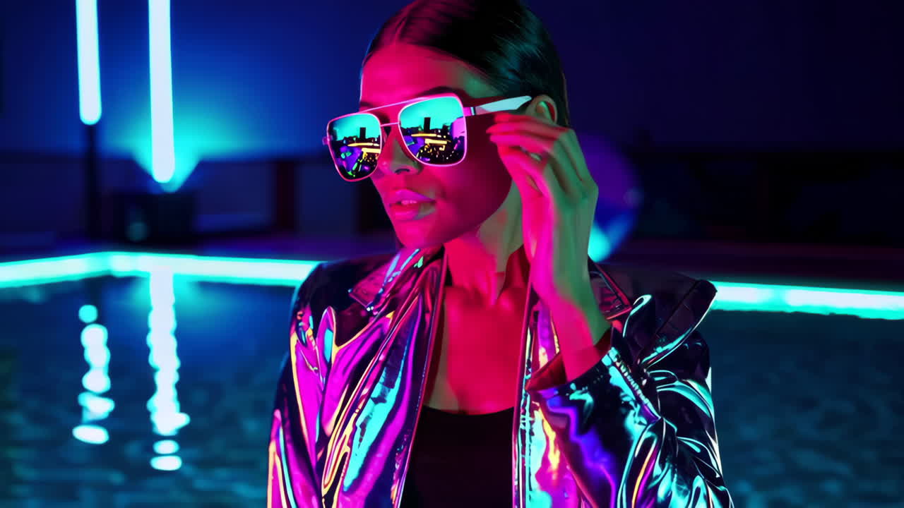 Stylish Woman in Neon Light by Pool at Night