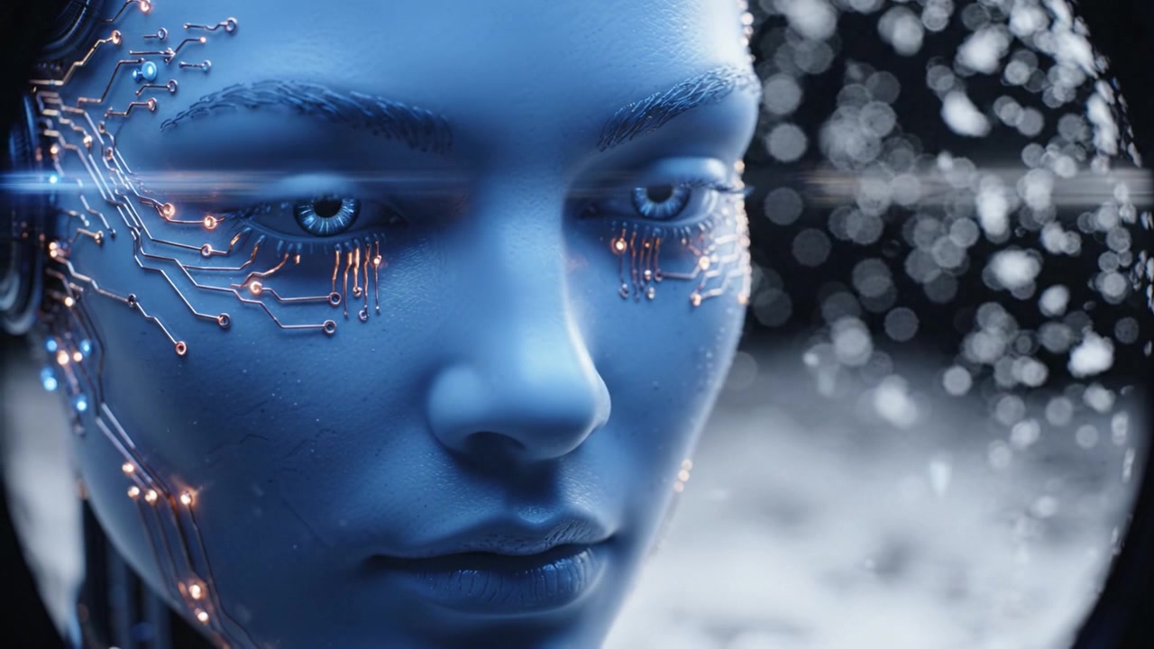 Essere digitale futuristico con motivi a circuito: Un'esplorazione dell'intelligenza artificiale e di caratteristiche simili a quelle umane in un ambiente blu surreale con elementi astratti.