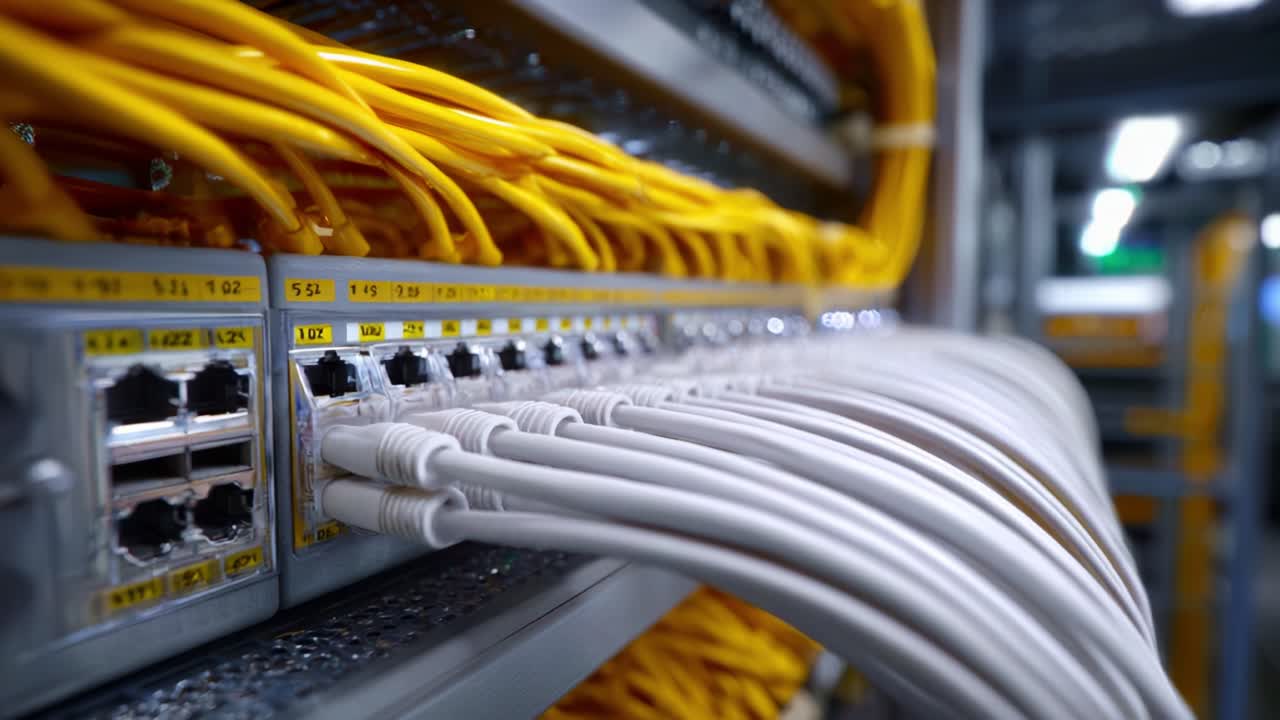 Intricate Network of Fiber Optic Cables: A Close-Up of Yellow and White Connections in a High-Tech Data Center, Highlighting the Complexity of Modern Communication Systems