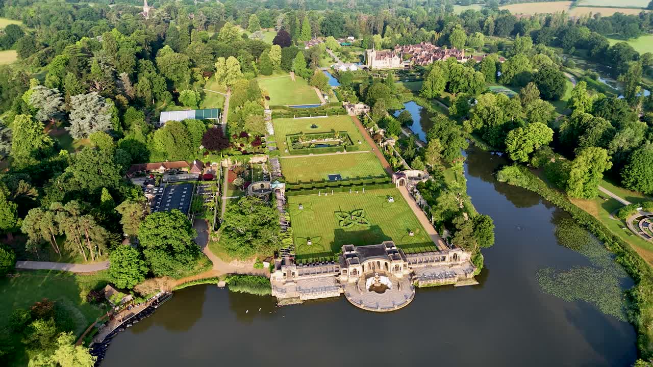Capture the majestic beauty of Hever Castle's lake and grounds from above with stunning aerial drone footage. Perfect for historical, travel, and cinematic content.