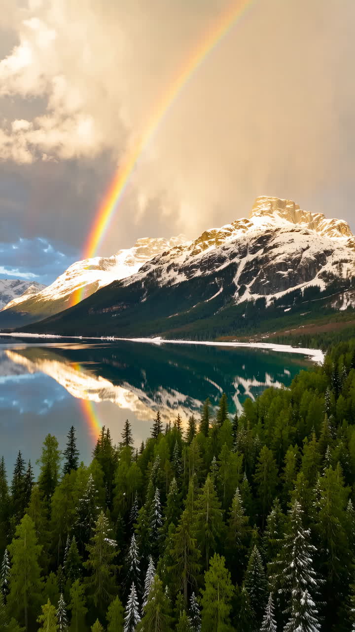 Rainbow over a snowy mountain reflected in a lake