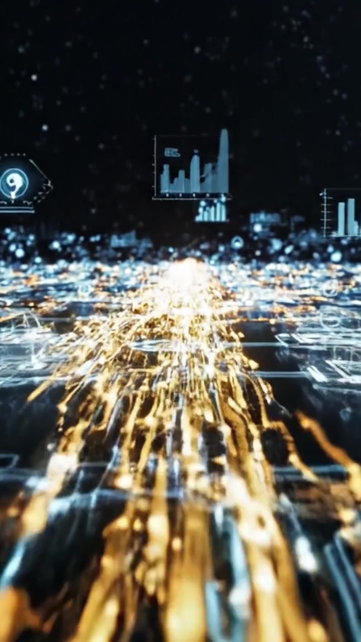 Dynamic Visual Journey Through a Digital Landscape with Flowing Light Trails and Glimmering Particles Creating an Immersive Experience of Energy and Motion
