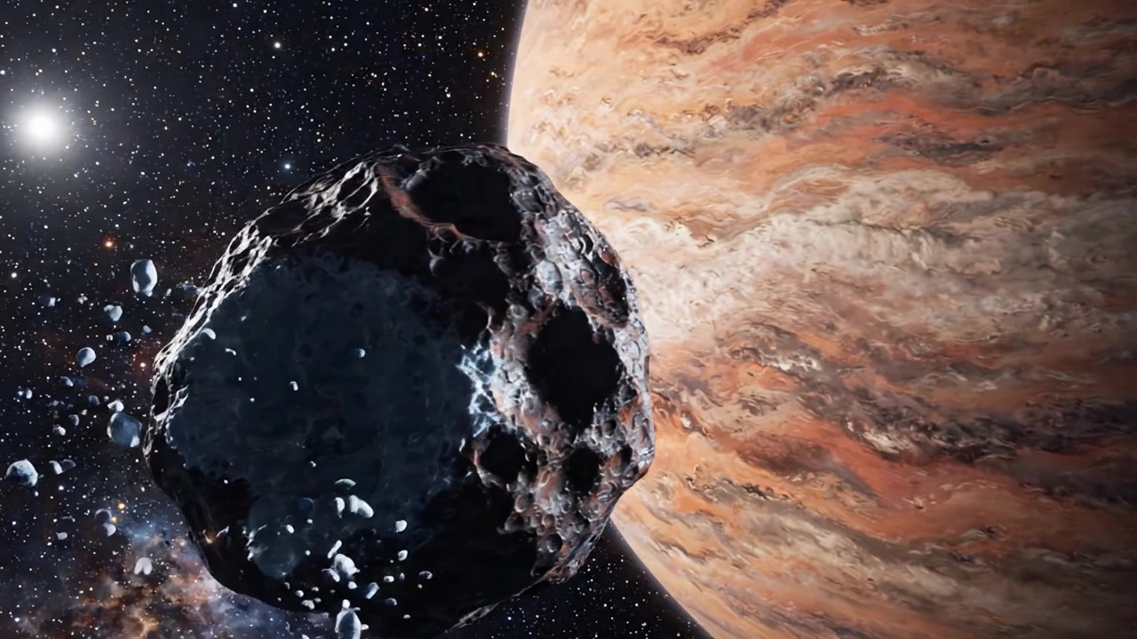 A Journey Through the Cosmos: Exploring the Majestic Planet Jupiter and Its Surrounding Asteroids in Stunning Detail from the Perspective of Space