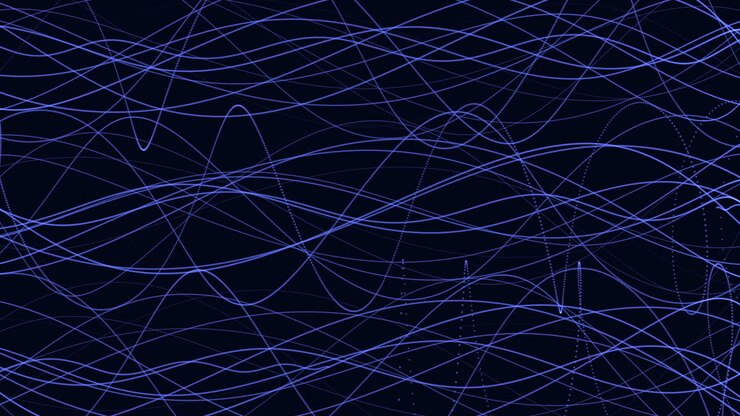 Abstract footage of neon blue light trails and flowing wave lines on a dark background, creating a futuristic technology and data network concept with copy space
