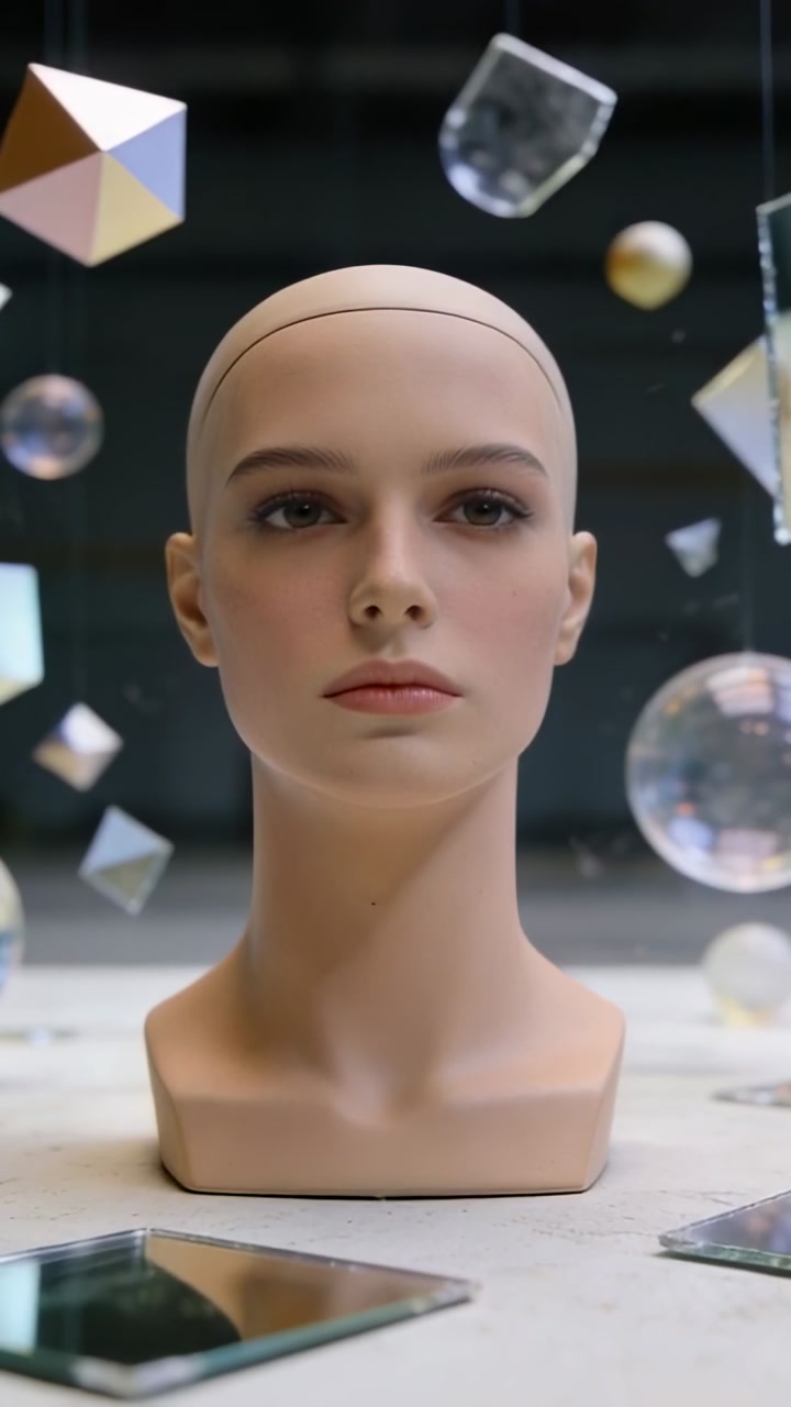Female mannequin head staying while hanging shapes drifting and camera pulling back revealing base