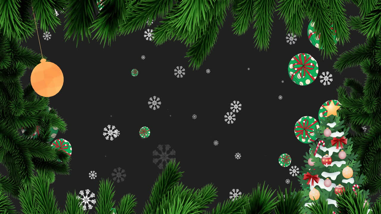 Christmas decorations with ornaments and snowflakes animation over pine branches