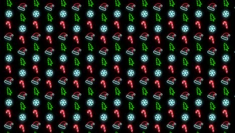 Neon-Christmas-Pattern-Background-of-Christmas-Tree,-Snowflake,-Santa-Hat-and-Candy-Cane-in-Red-Black-and-White-Looping-animation