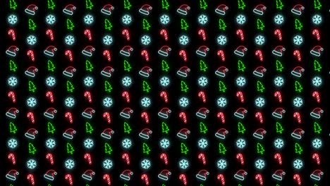 fondo de patrón navideño de neón de árbol de navidad, copo de nieve, sombrero de santa y bastón de caramelo en animación en bucle rojo, blanco y negro