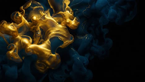 a vivid dance of colors: stunning combination of golden swirls intertwining with deep blue forms, creating a visually striking abstract art piece on a black background