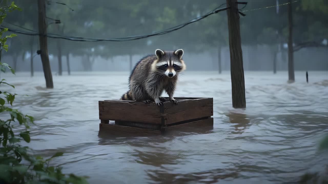 Raccoon in a flooded area