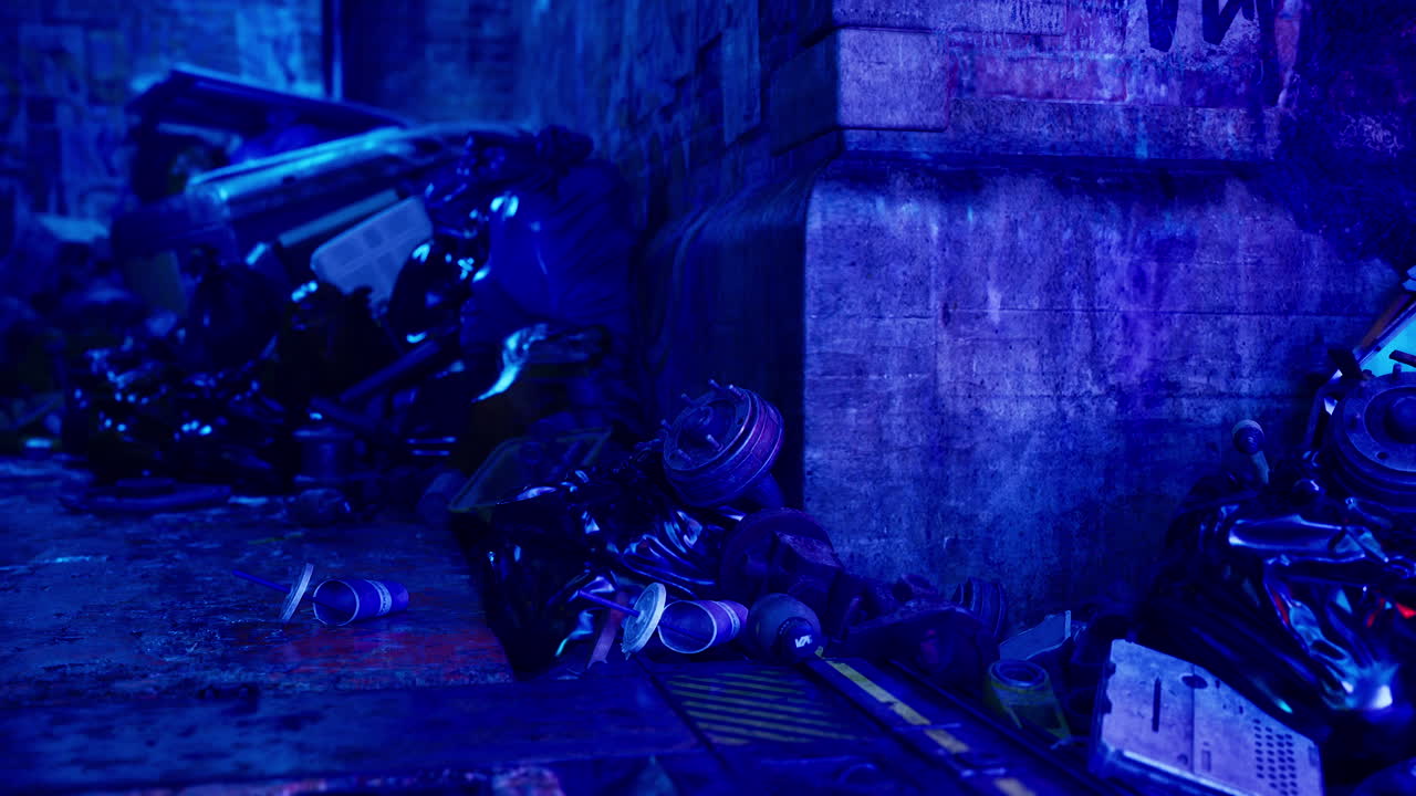 callejón oscuro con restos de coches abandonados y basura