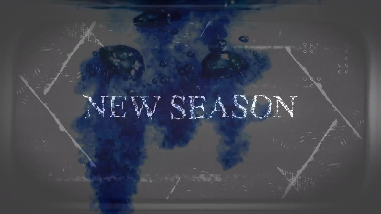Animation of new season text with interference and glitches over clouds of blue liquid in water