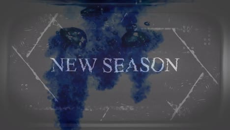 animation of new season text with interference and glitches over clouds of blue liquid in water