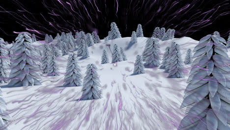 purple light trails exploding over multiple trees on winter landscape against black background